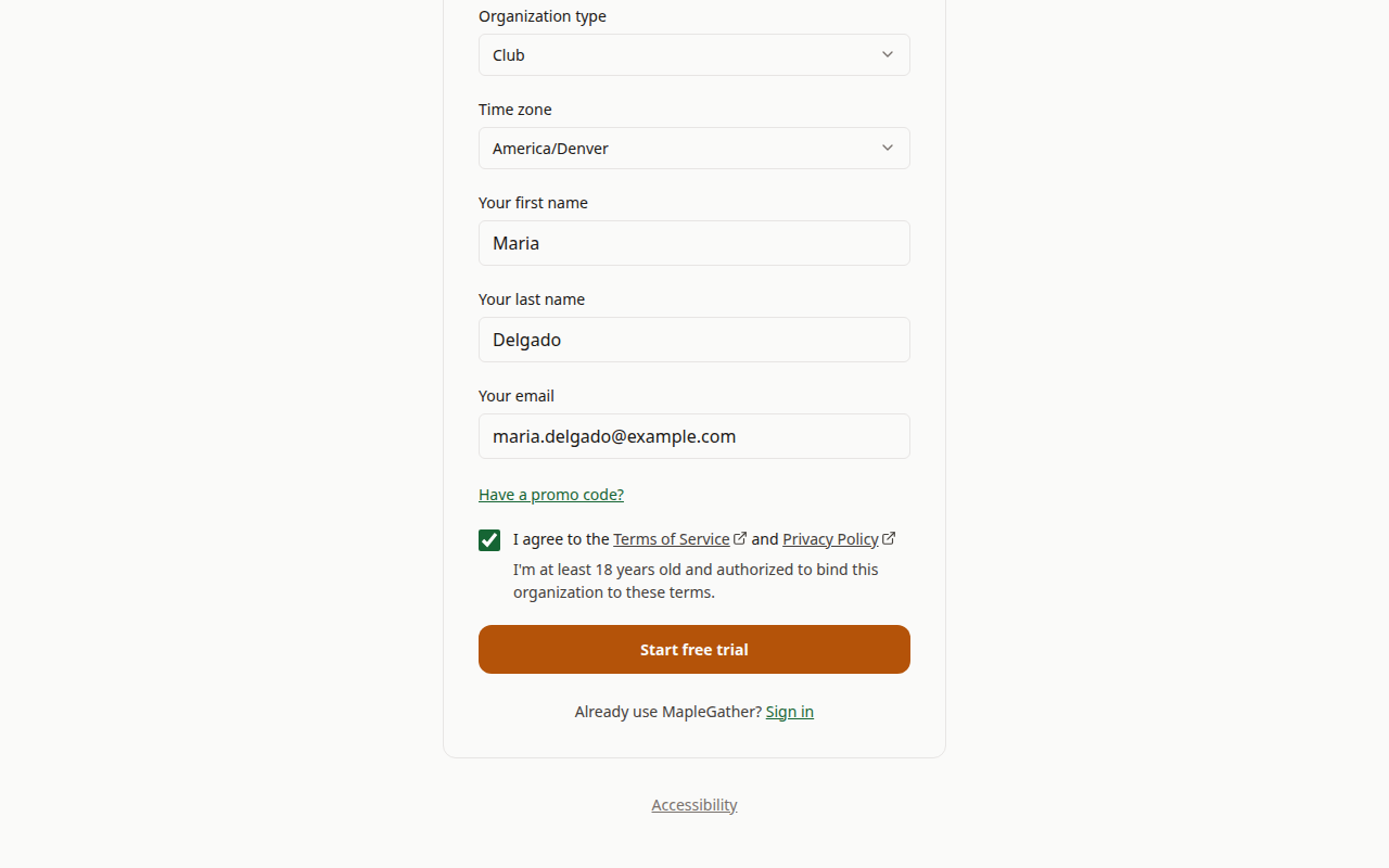 The MapleGather sign-up form filled in for a new community club, with a Start free trial button.