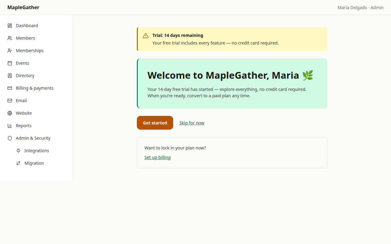 The MapleGather welcome screen: a 14-day free-trial banner (no credit card required) and a Get started button for a new club admin.