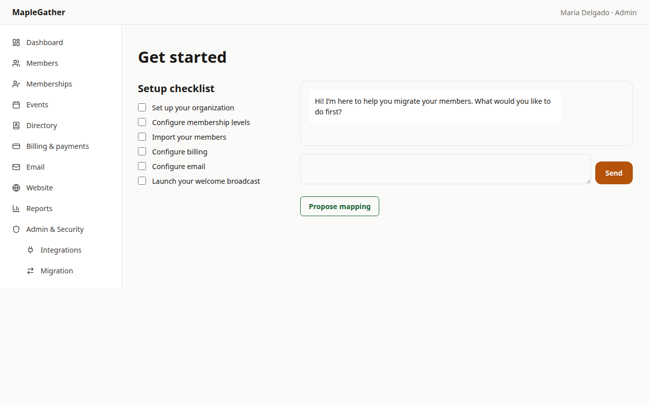 The onboarding setup checklist listing six steps to get a new organization running, from setup to a welcome broadcast.