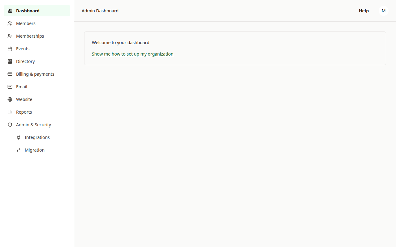 The admin dashboard with the full left navigation showing every module: members, memberships, events, directory, billing, email, website, reports, and more.