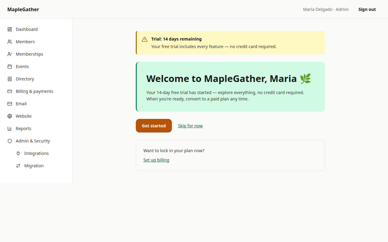 The MapleGather welcome screen with the active free-trial banner, inviting the admin to keep going.