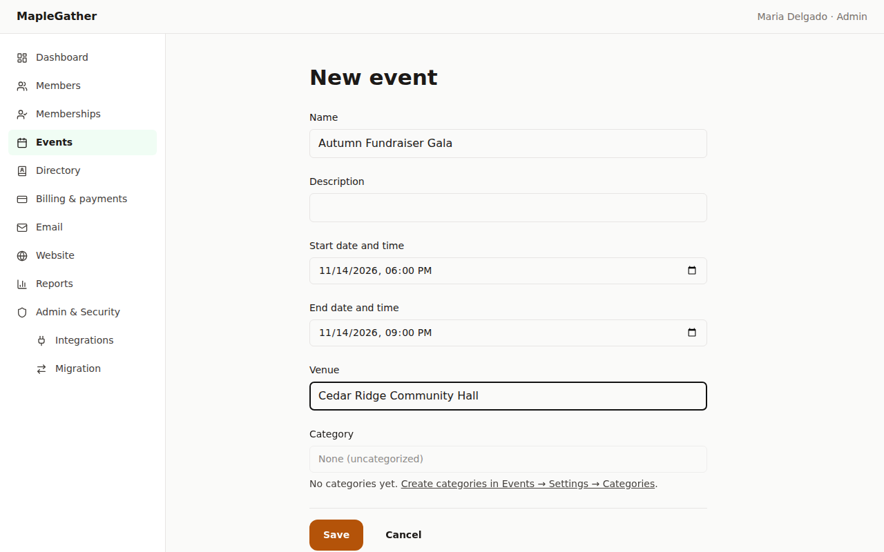 The new-event form filled in for an autumn fundraiser gala, ready to save.