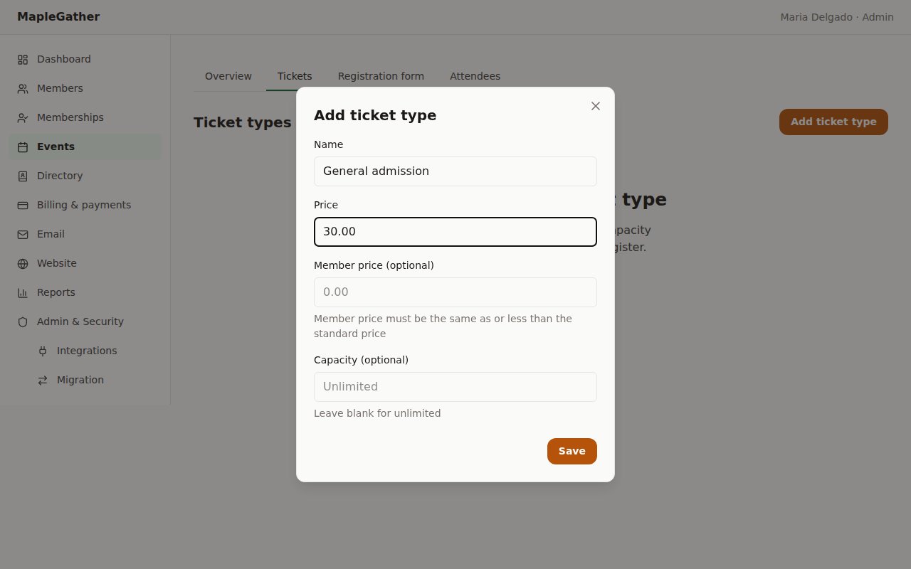 The add-ticket-type dialog with a General admission ticket priced at thirty dollars.