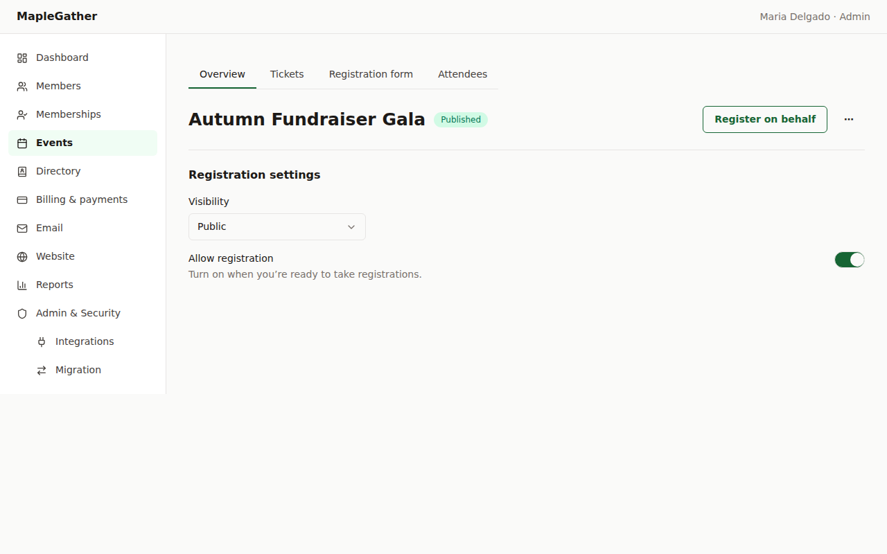 The published event overview, showing the event is live and open for registration.