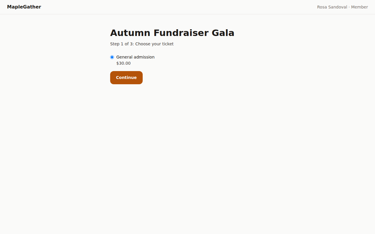 The member-facing event registration screen with a General admission ticket to choose.