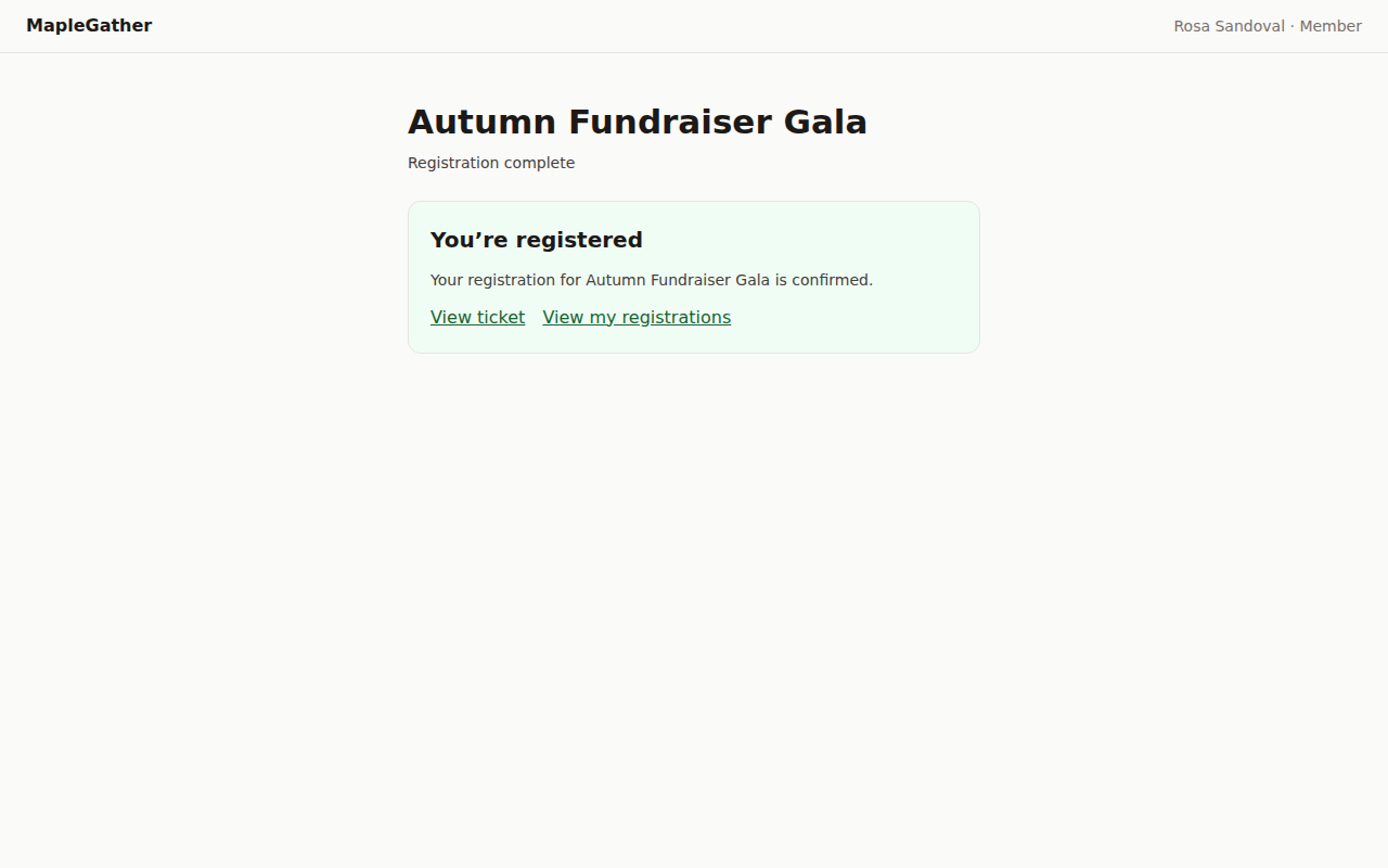 The registration confirmation screen telling the member they are registered.
