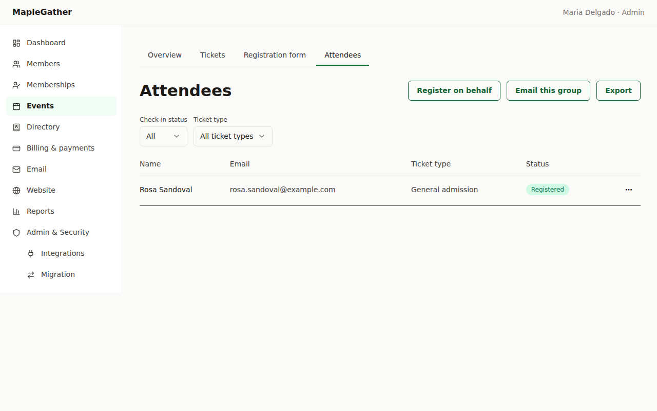 The admin attendee roster showing the member registered and paid for the event.