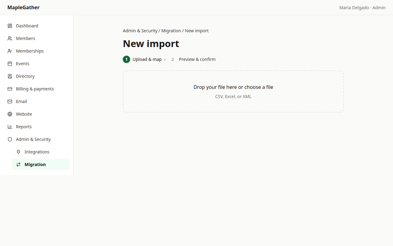 The New import screen with a drop-zone for a CSV, Excel, or XML file, and a two-step upload-and-preview flow.