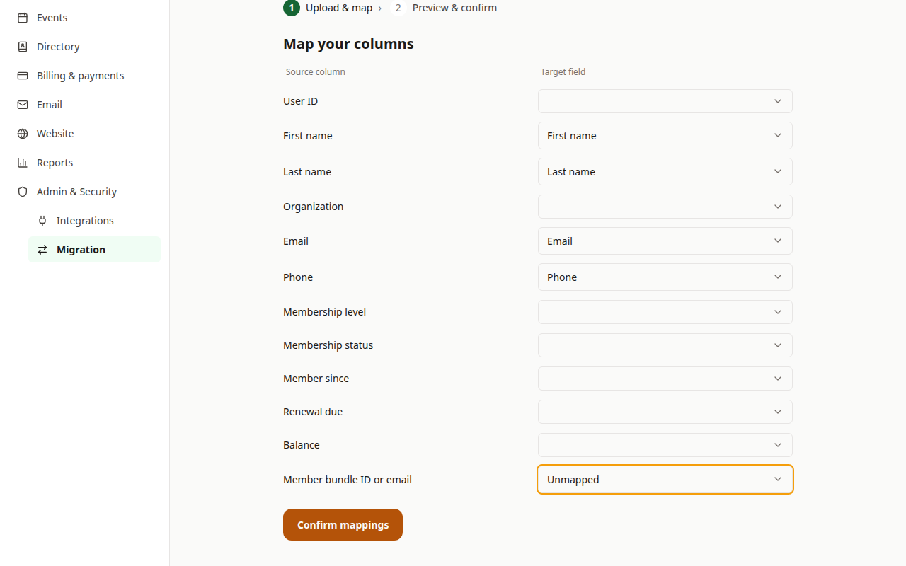 The column-mapping grid, matching Wild Apricot export columns to MapleGather member fields for review.