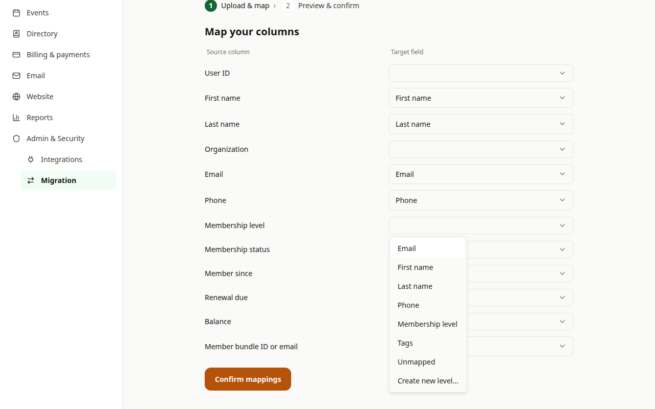 The membership-level column mapping open, showing an option to create a new membership level inline while mapping.