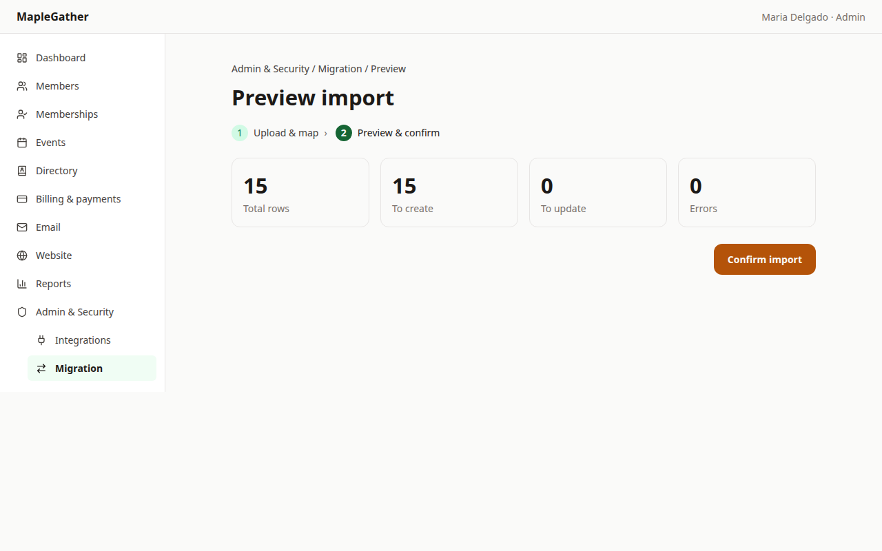 The import preview screen summarizing the members that are about to be created, before the admin commits.