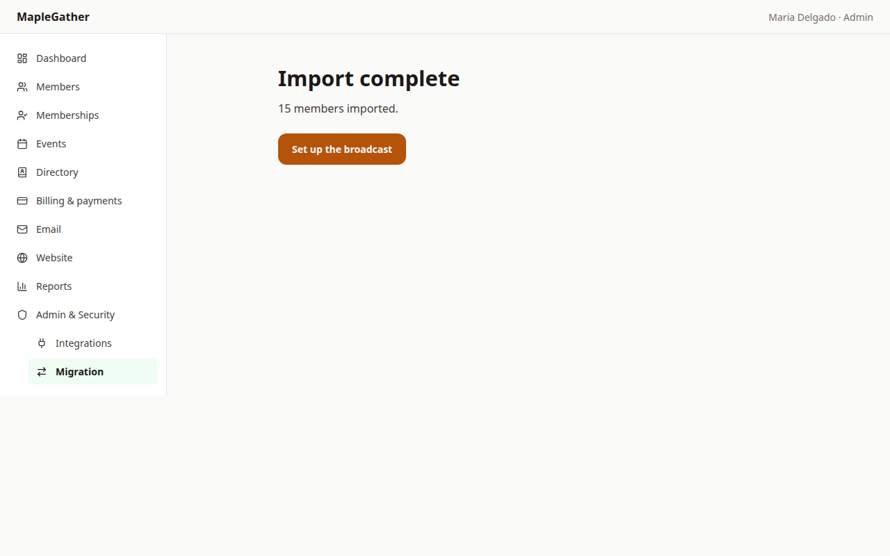 The import-complete summary reporting the number of members imported from the file.