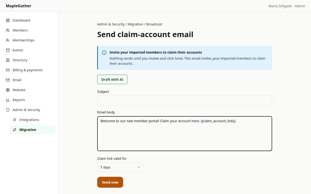 The claim-account broadcast composer, with a welcome message inviting imported members to set up their login.