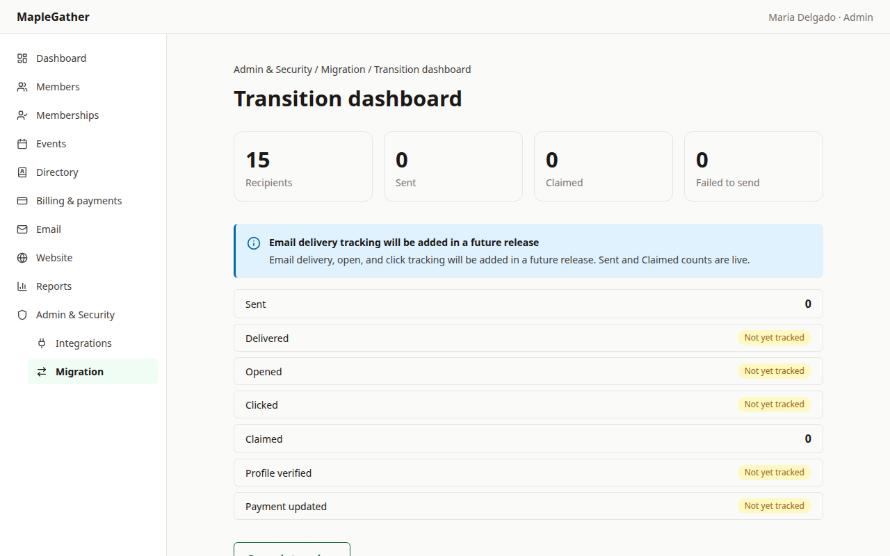 The migration transition dashboard showing the recipients queued for the claim-account broadcast.